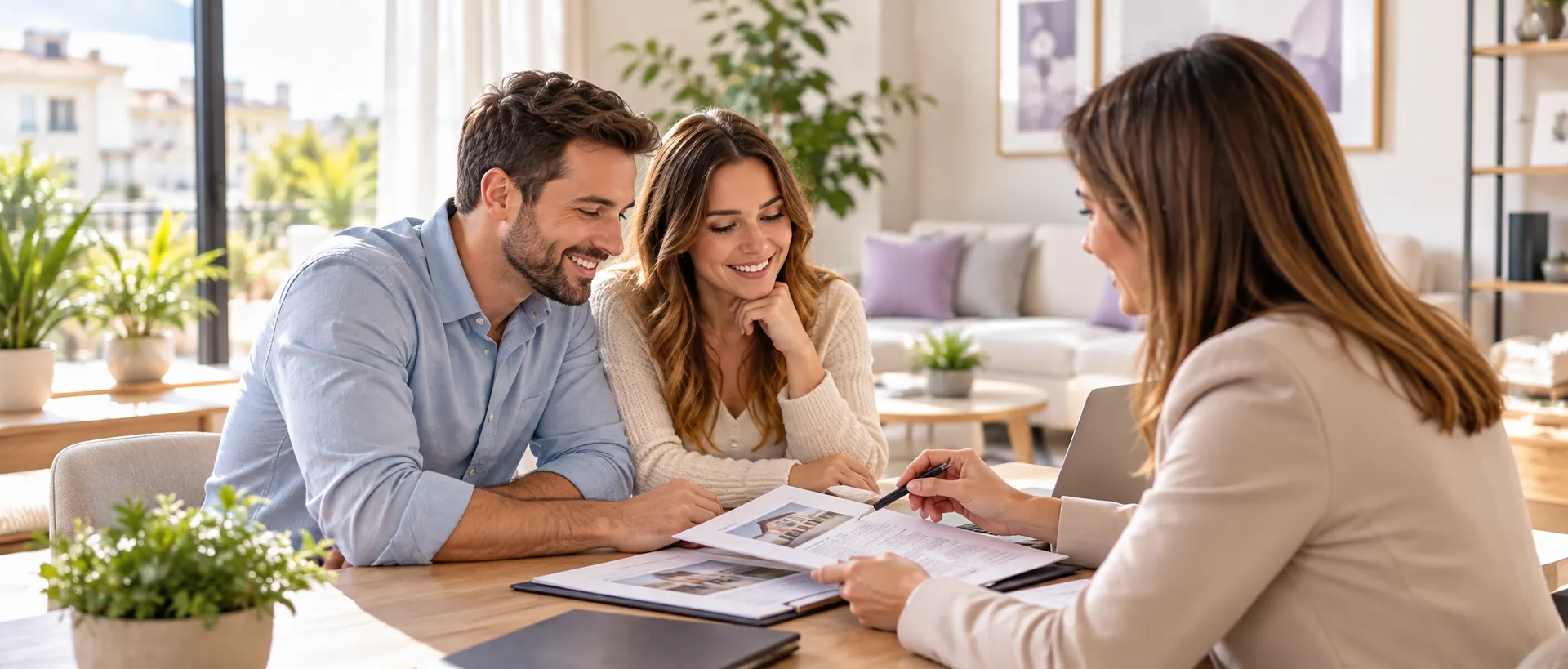 Pareja recibiendo asesoramiento inmobiliario durante la búsqueda de una vivienda en Castellón