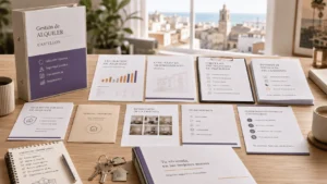 Mesa de trabajo inmobiliaria con documentación de alquiler, filtro de inquilinos, seguro de impago, contrato, fianza e inventario para alquilar piso en Castellón