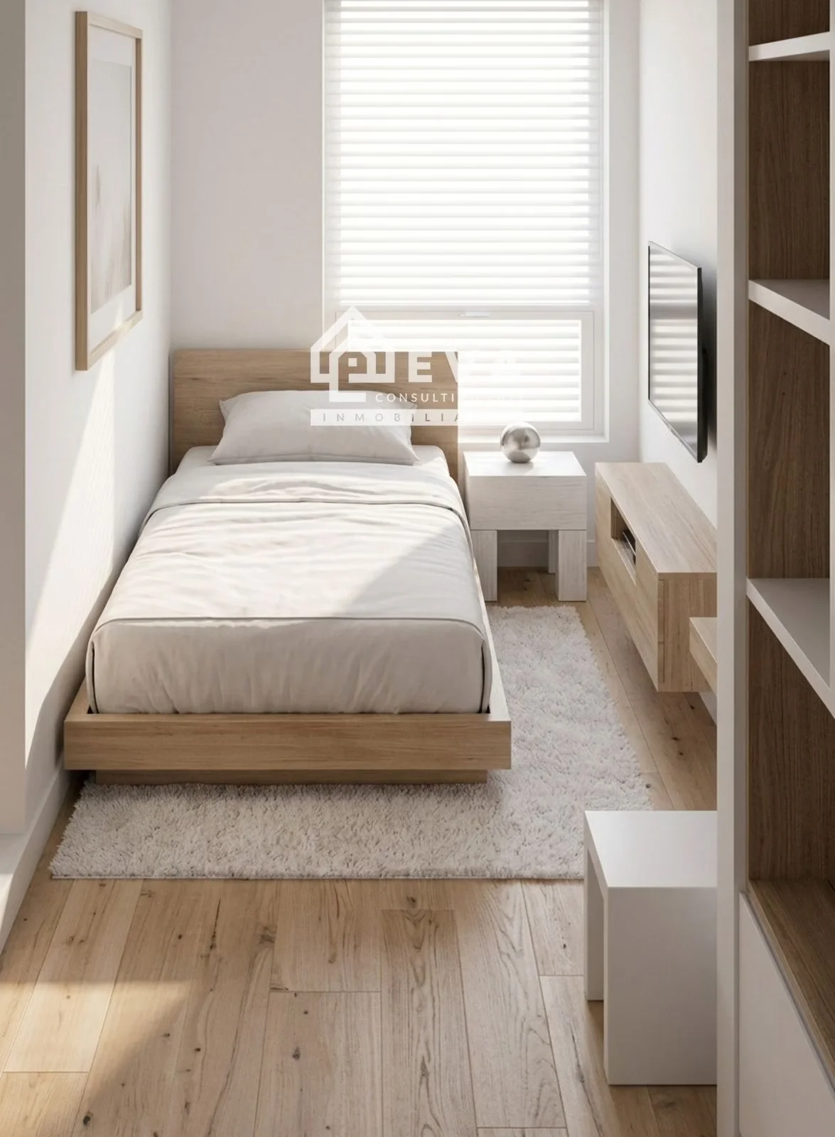 Render de dormitorio individual de Marqués de Salamanca 16