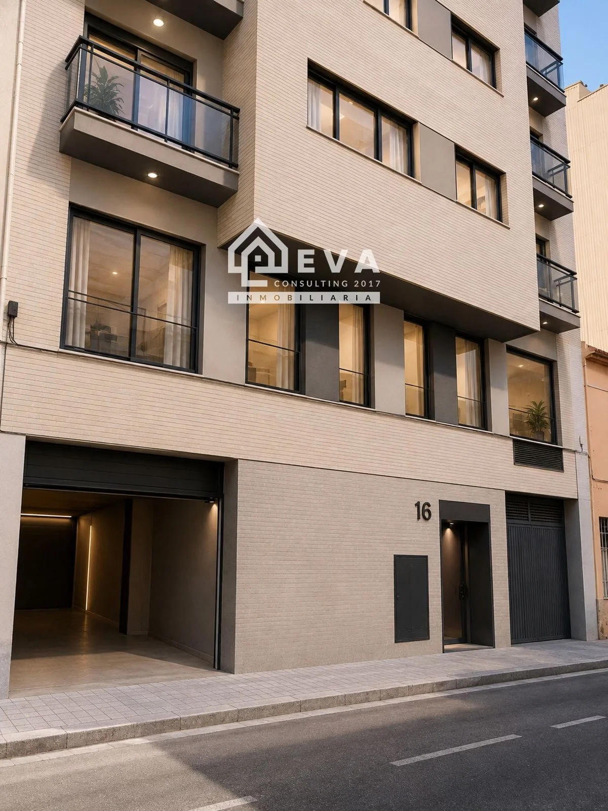 Render de la fachada y el acceso al garaje de Marqués de Salamanca 16 en Castellón