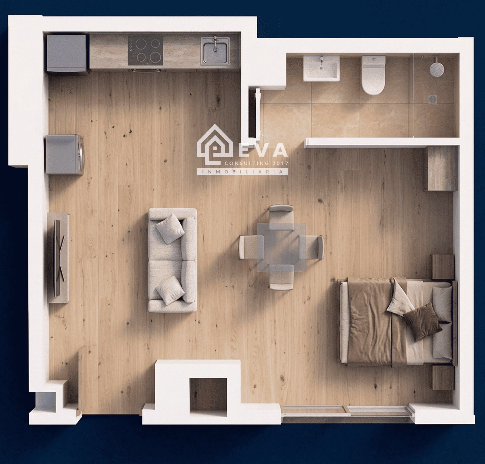 Plano 3D del loft A02 en Almassora