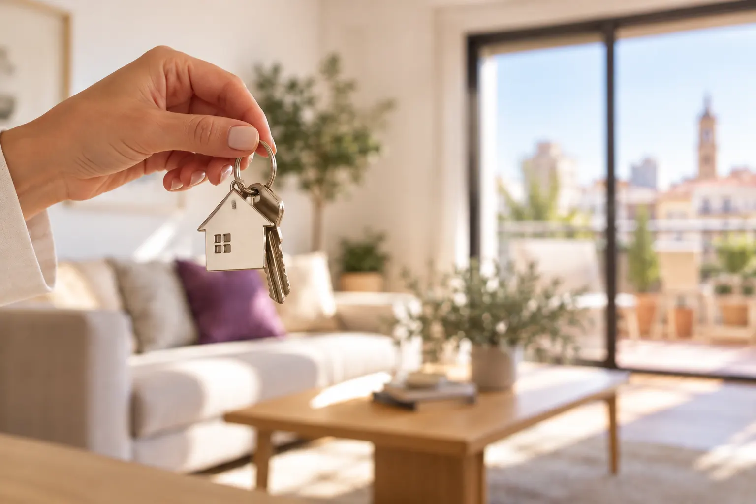 Mano sosteniendo las llaves de una vivienda en un salón luminoso