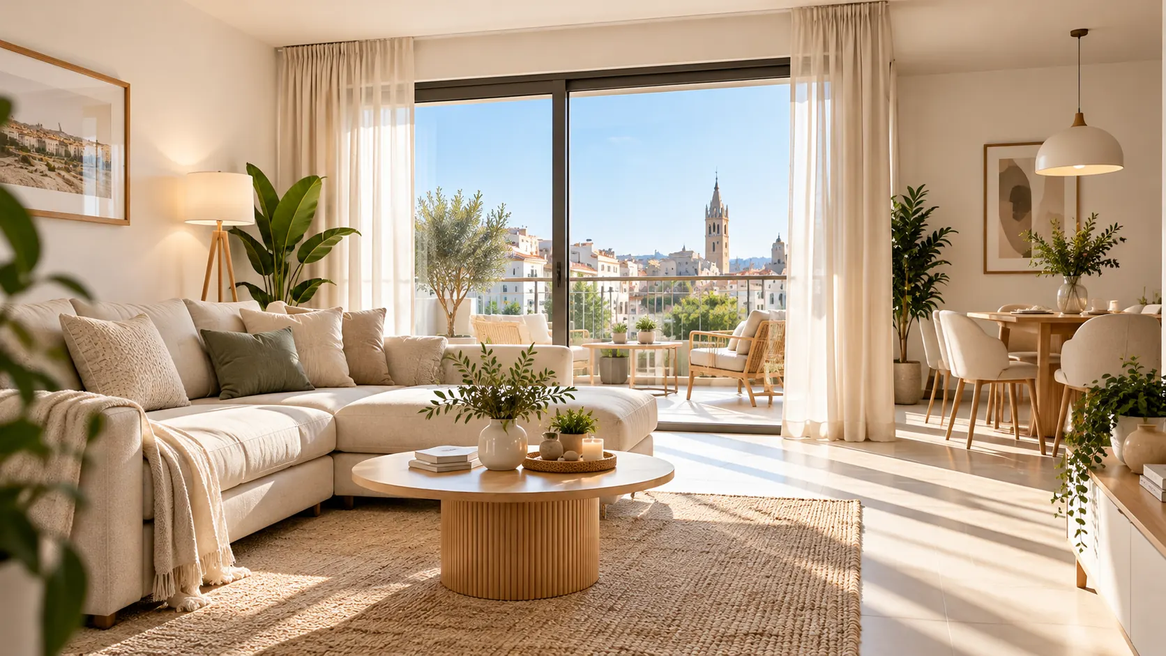 Salón luminoso de estilo mediterráneo que ilustra la presentación profesional de una vivienda en venta en Castellón